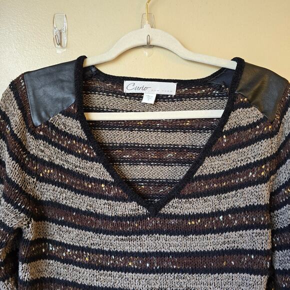 Curio NY Chunky Knit Sweater Faux Leather Detail Boho Festival Size S - Picture 2 of 8